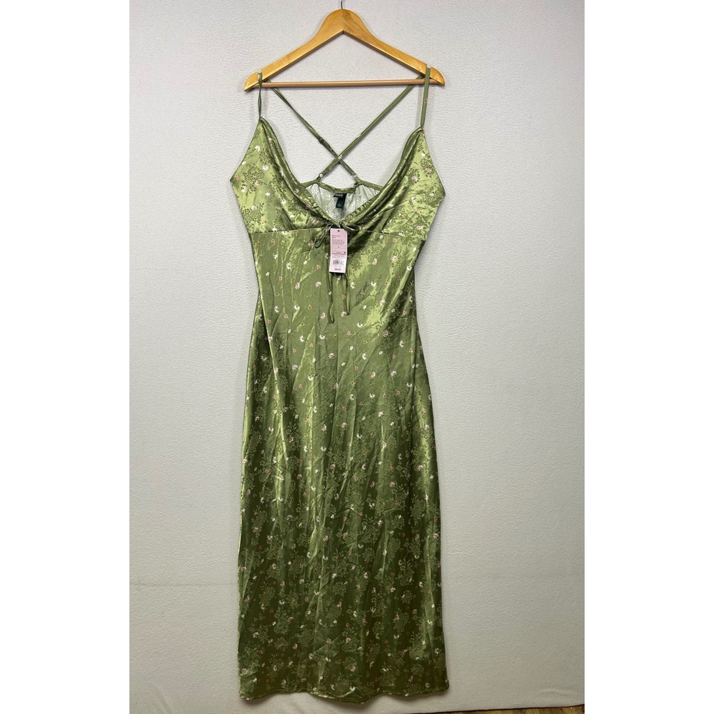 Cottagecore Wild Fable Womens Large Green Floral Satin Cowl Neck Slip Midi Dress